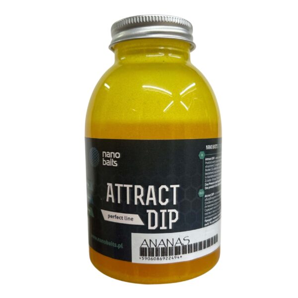 Obrazek przedstawia attract dip w butelce o pojemnośći 200ml o smaku ananasa. Dip jest żółty.