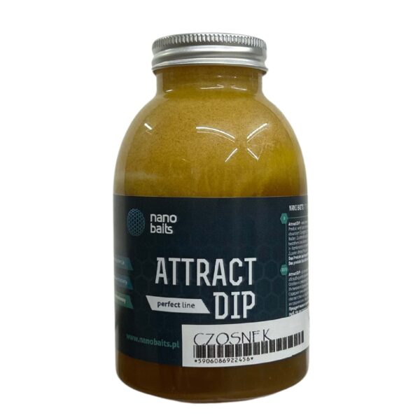 Obrazek przedstawia attract dip w butelce o pojemności 200ml. DIp jest o smaku czosnku i ma brązową barwę.