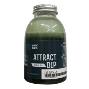 Obrazek przedstawia attract dip w butelce o pojemności 200ml o smaku śliwki. DIp jest koloru zielonego.