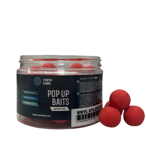 pop-up baits w kolorze czerwonym o smaku kryl atlantycki w słoiku pojemności 150ml z ciemnozieloną etykietą