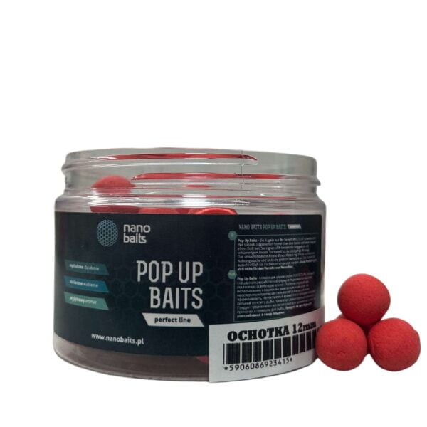 kulki pływające pop-up baits w kolorze czerwonym o smaku ochotka w rozmiarze 12mm w słoiku o pojemności 150ml