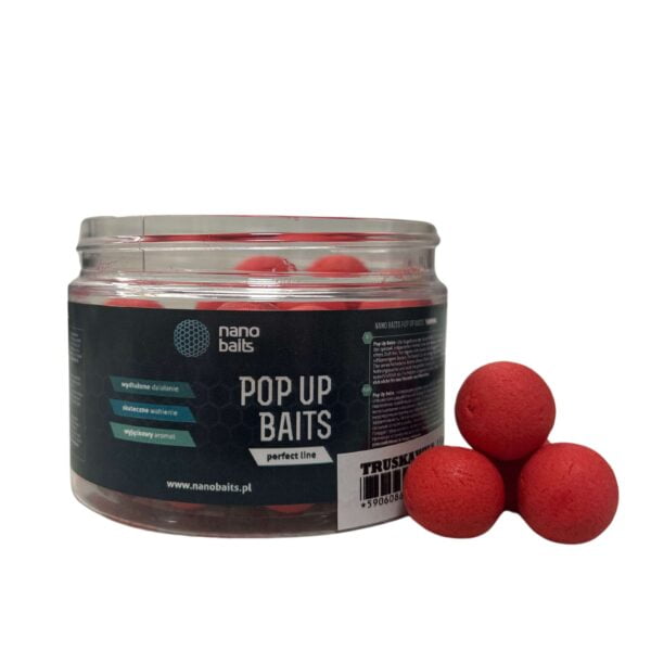 kulki pływające pop-up baits w kolorze czerwonym o smaku truskawka w romiarze 15mm w słoiczku o pojemności 150ml z ciemnozieloną etykietą