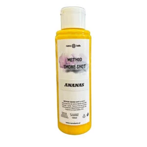 method smoke shot w buteleczce o pojemności 125ml. żółty płyn o smaku ananas przeznaczony do aromatyzowania i nęcenia