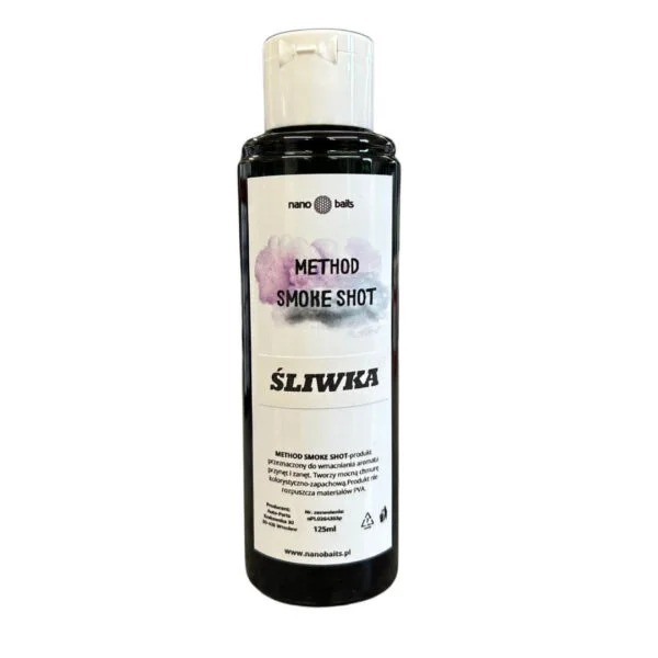 method smoke shot w buteleczce o pojemności 125ml. zielony płyn o smaku śliwki przeznaczony do aromatyzowania i nęcenia